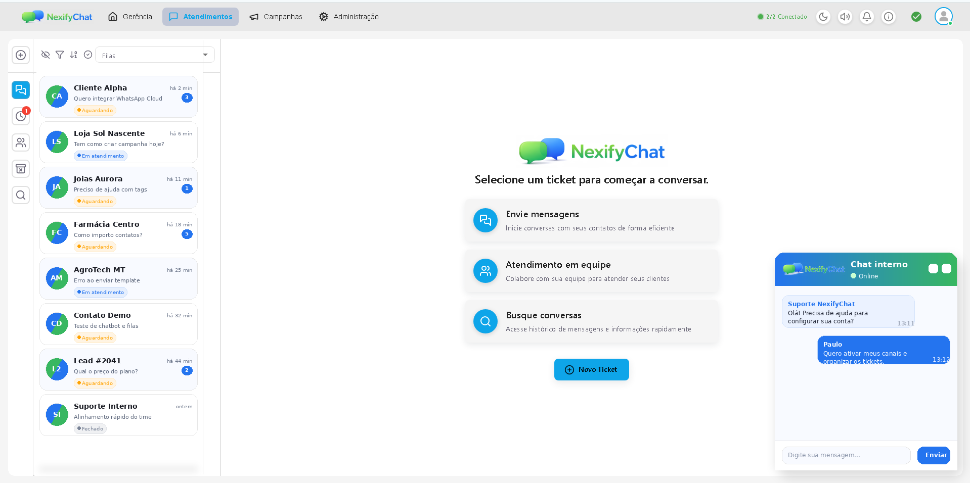 Dashboard do NexifyChat - Interface principal de atendimento